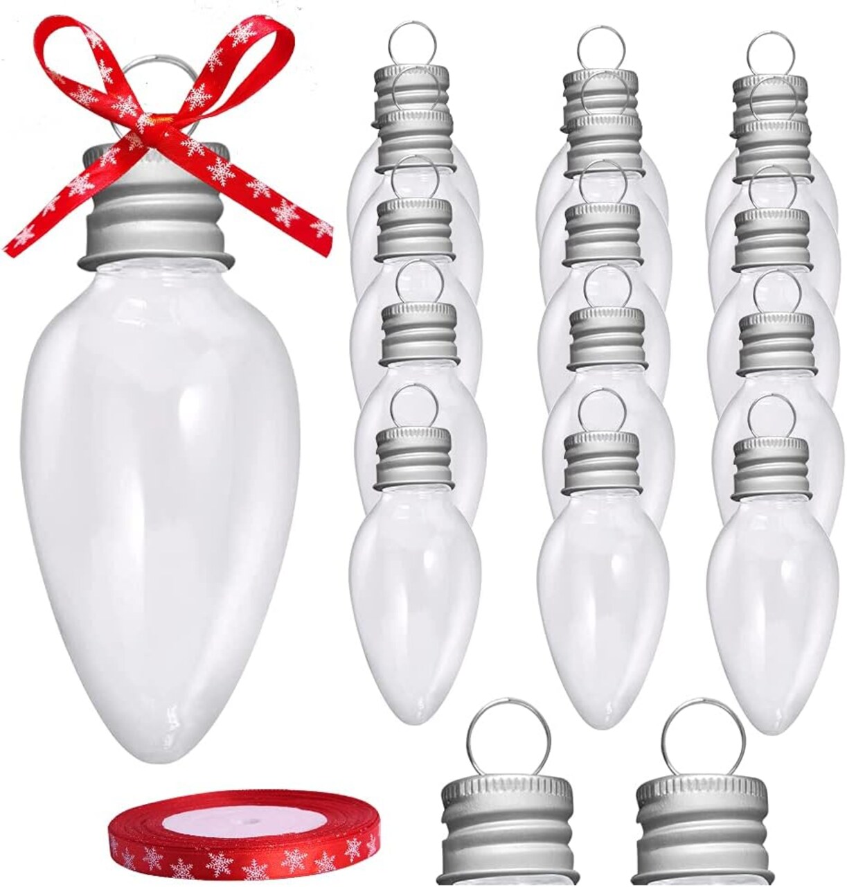 16 Packs 3.4 Inch Fillable Light Bulb Shape Clear Plastic Christmas Ornaments with Screw Off Cap and 1 roll of Red Snowflake Ribbon for DIY Crafts Christmas Tree Hanging Decoration